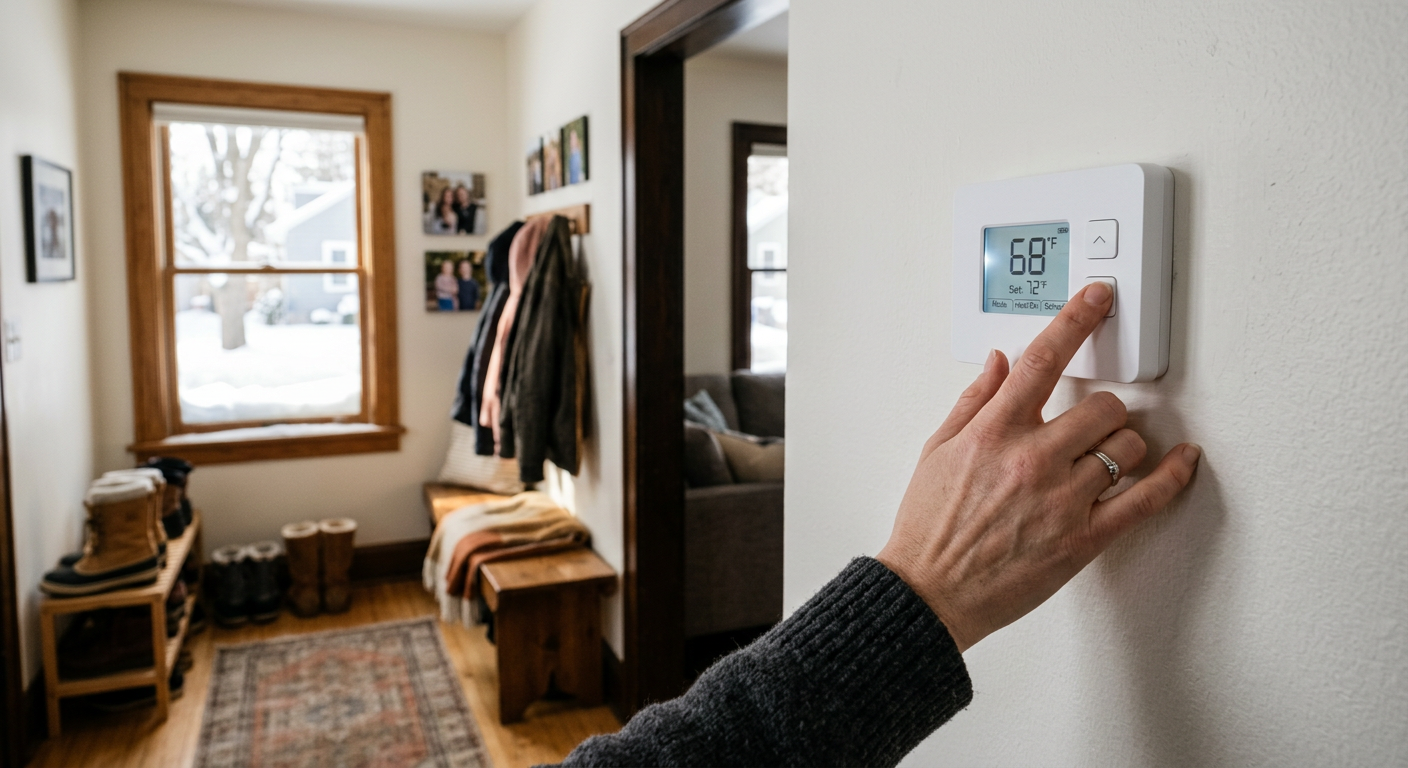 Programmable thermostat mounted on a wall in a bright living room
