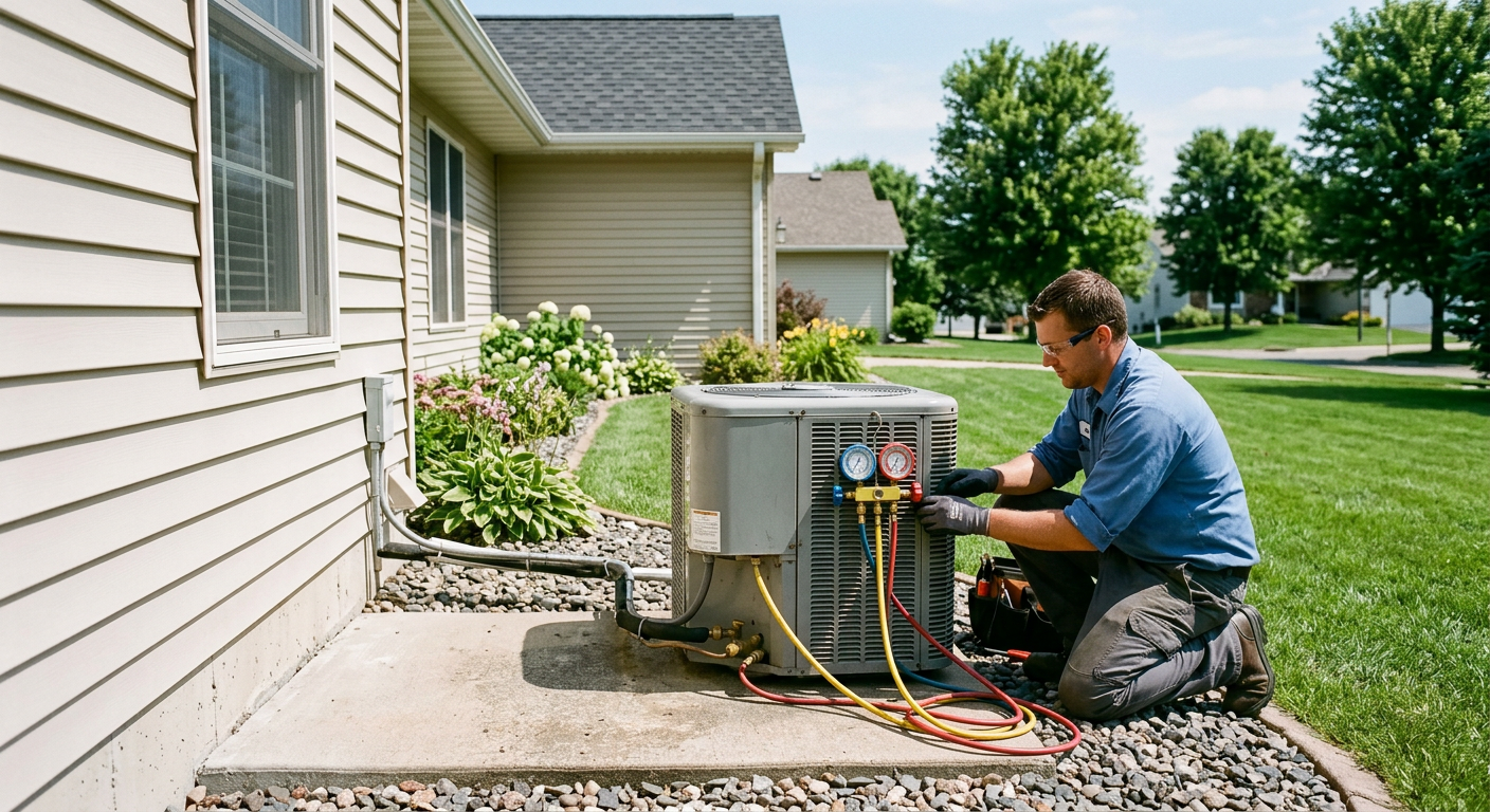 Technician checking refrigerant pressure on an outdoor AC condenser