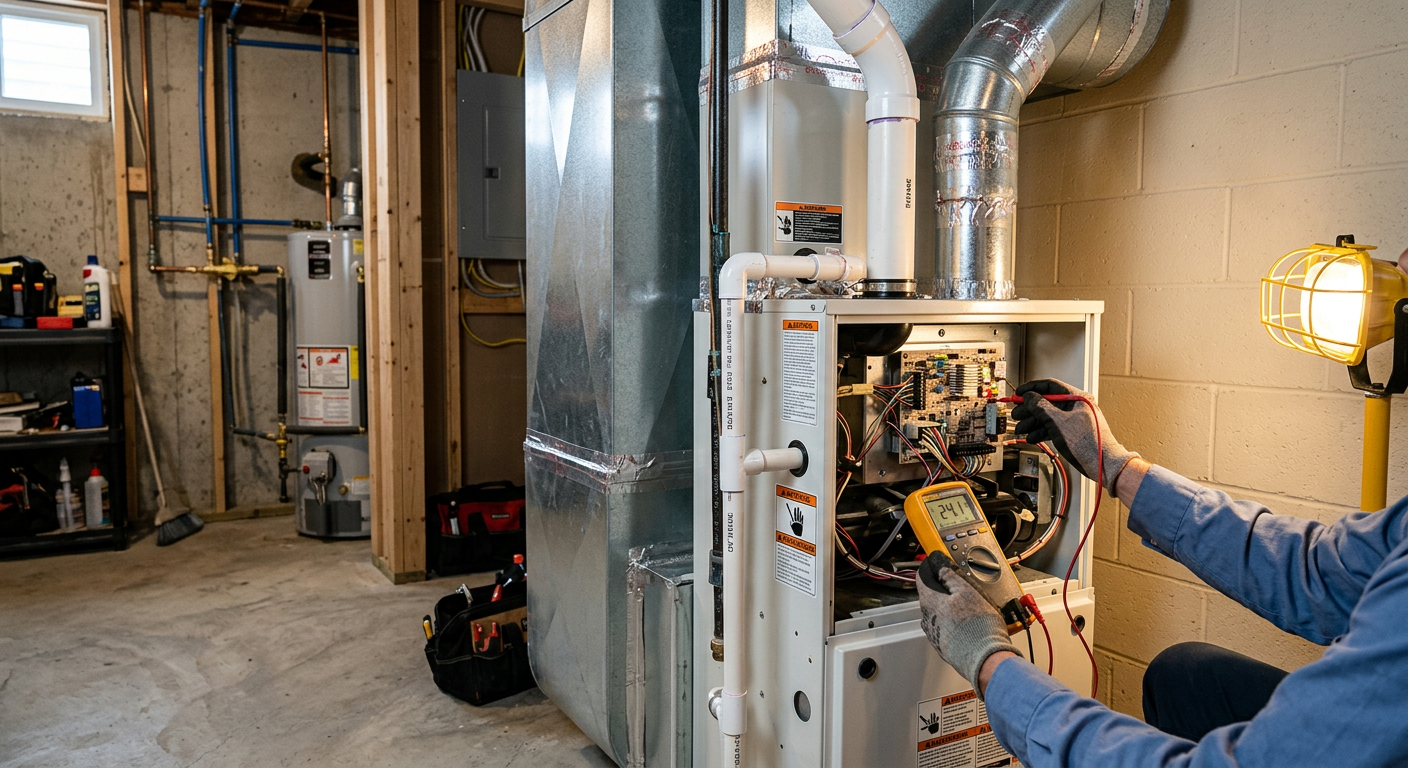 Technician inspecting a residential gas furnace in a basement